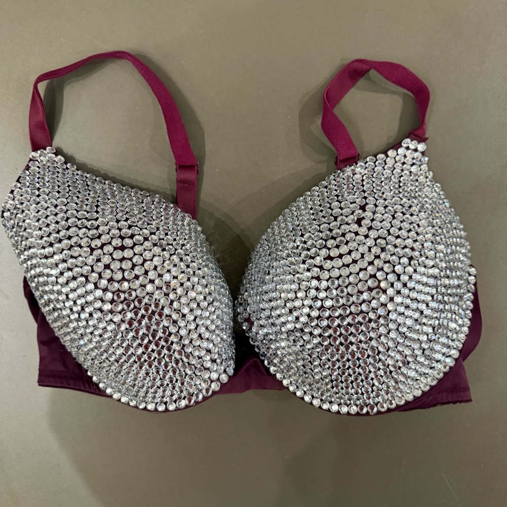 Victoria's Secret Burgundy and Silver Rhinestone Wear Everywhere Bra - Size 36